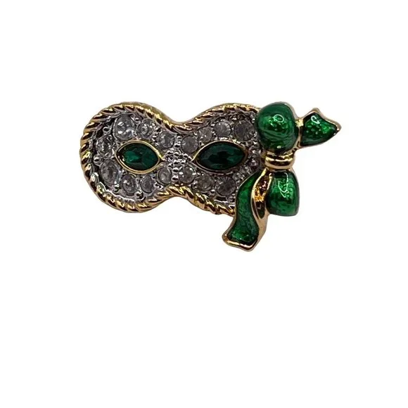 Swarovski Crystal Green Enamel Mardi Gras Mask Lapel Pin Tie Tack Signed READ! - Picture 1 of 10